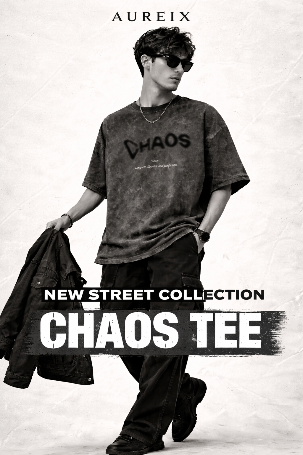 Person wearing a 'CHAOS' t-shirt with text about a new street collection by Aureix.
